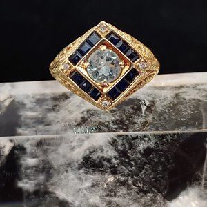14k gold Aquamarine, Sapphire and DIamond ring